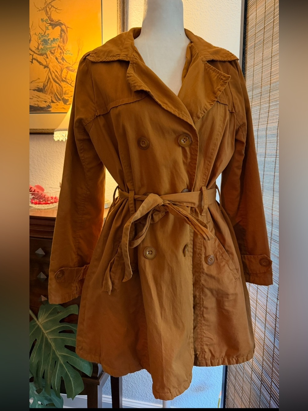 Urban Republic Trench Coat Women M 100% Cotton Shell Camel Belted